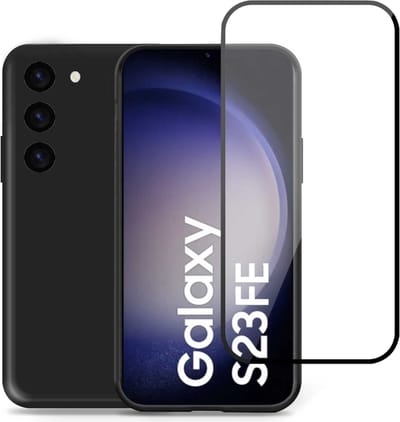 Geschikt voor Samsung Galaxy S23 FE - Hoesje + Screenprotector – Full Cover Gehard Glas – Suède Back Cover Case Zwart