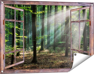 Gards Tuinposter Doorkijk Bos met Zon tussen de Bomen - 90x60 cm - Tuindoek - Tuindecoratie - Wanddecoratie buiten - Tuinschilderij