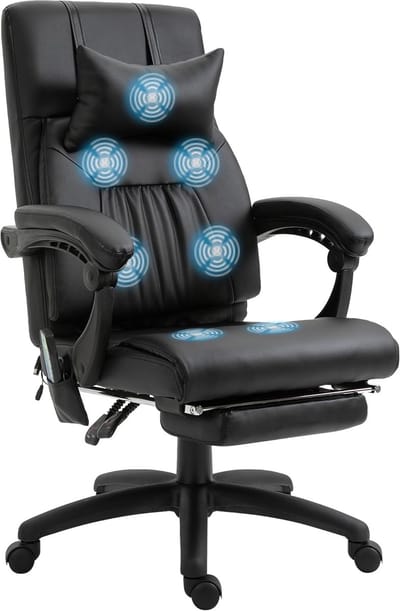 Massagestoel met Warmtefunctie - Ergonomische Draaistoel met Afstandsbediening, 7 Massagepunten, Hoogte Verstelbaar, met Voetensteun en Hoofdsteun, Modern Design Zwart
