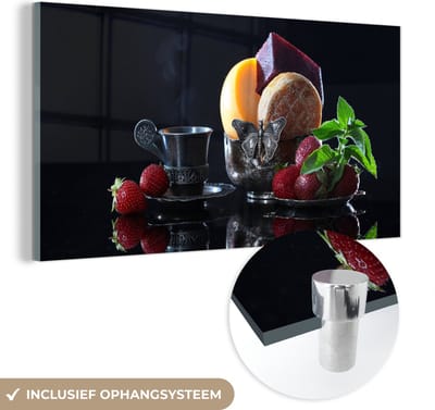 MuchoWow® Glasschilderij 120x60 cm - Schilderij acrylglas - Rustiek - Fruit - Kaas - Tafel - Stilleven - Foto op glas - Schilderijen