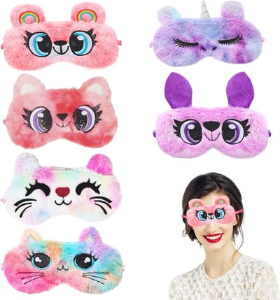 Allecto Plus - Pluche Cartoon Oogmasker 6 Stuks voor Meisjes en Volwassenen - Zachte Blinddoek voor Verduisterende Slaap - Dierenoogmaskers - Nieuwigheid Oogmasker - Comfortabele Oogbedekking