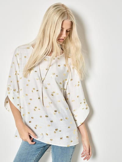 Oversized top met waaierprint in goudfolie