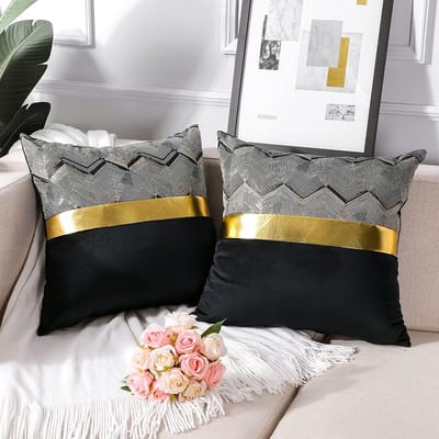 Set van 2 fluwelen kussenslopen voor bank, auto, slaapkamer, luxe moderne, minimalistische gouden leren naden, golfstrepen, sierkussen, kussenhoes, kussensloop, kussensloop, kussensloop, kussensloop, kussensloop, 45 x 45 cm, zwart