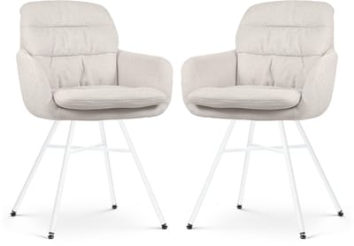 Nolon Noa-Mia Eetkamerstoelen Set van 2 Beige - met Armleuning - Stof - Witte Poten - Comfortabel - Scandinavisch