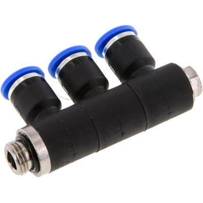 6mm x G1/8'' 3-way Manifold Messing/PA 66 Insteekfitting Buitendraad Draaibaar NBR