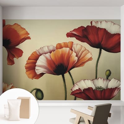 Coloray Behang - Vrolijke klaprozen Behangrol - 152x104 cm - Oranje Behang - Voor natuurliefhebbers en liefhebbers van elegant interieurdesign - Behang Voor de woonkamer, slaapkamer en keuken - Muurbehang Bloemen en planten