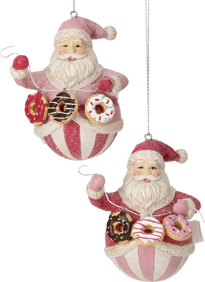 Viv! Christmas Kerstornament - Kerstman met Donuts - set van 2 - roze rood - 10cm
