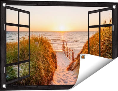 Gards Tuinposter Doorkijk Voetpad in de Duinen met Zonsondergang - 60x40 cm - Tuindoek - Tuindecoratie - Wanddecoratie buiten - Tuinschilderij
