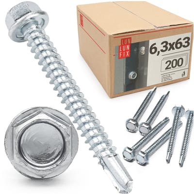 LUN FIX - Boorschroeven 6,3x63 mm - 200 stuks - Zeskantkop DIN 7504K - Verzinkt staal - Boorpunt voor trapeziumplaten en metalen platen