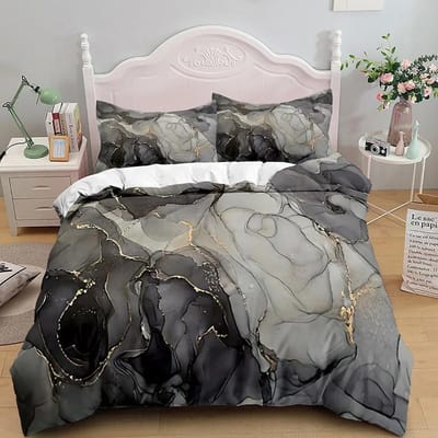 Ensemble de literie marbre Taille King_Queen, Housse de couette marbre gris doré Hommes Adultes Art abstrait moderne Tie Dye Gothique Housse de couette douce EU Twin 135x200cm
