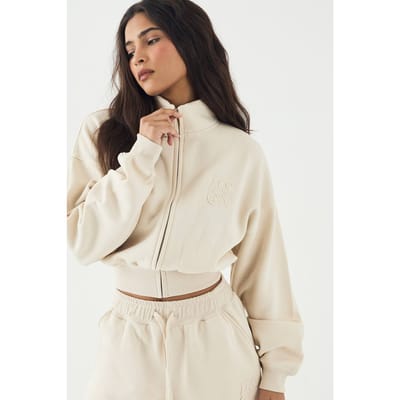 Dames DSGN Studio Zelfstof Applique Doorritssluiting Trechternek Sweatshirt | Stone | Maat: XL