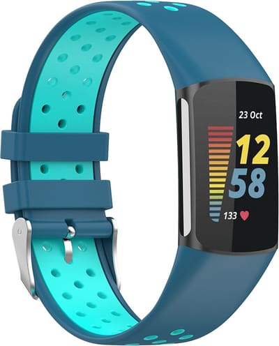 By Qubix - Compatible Fitbit bandje - Geschikt voor Fitbit Charge 5 - Fitbit Charge 6 Sportbandje met gesp - Blauw / turquoise - Tweekleurig - Maat: L - Horlogeband - smartwatchbandje