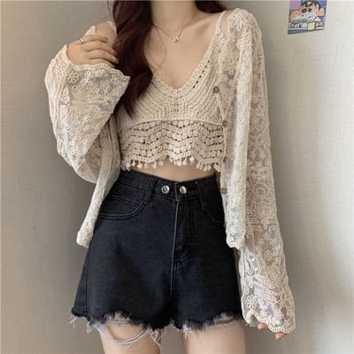 Lente Zomer Damespak Bretels Vest + V-hals Haakwerk Openwerk Kant Lange Mouwen Vest Zon Beschermende Kleding Twee Delig Pak L abrikoos