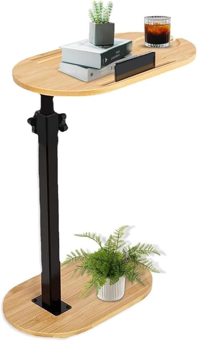 C-vormige Bijzettafel, 360° Rotatable en Hoogte Verstelbaar, Ideaal voor Smalle Ruimtes, Houten en Metalen Tafel voor Woonkamer en Slaapkamer, Multifunctionele Koffietafel