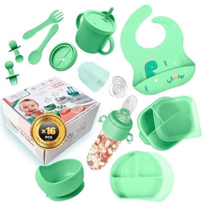 Babyservies van siliconen en fopspeen in groentint