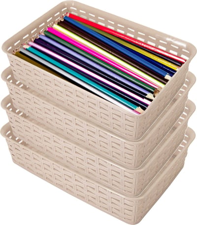 Hega Hogar Opbergmandje/ladeverdeler - 4x - beige - 2 liter - kunststof - 17 x 25 x 6 cm - kleine opslag bakjes - manden