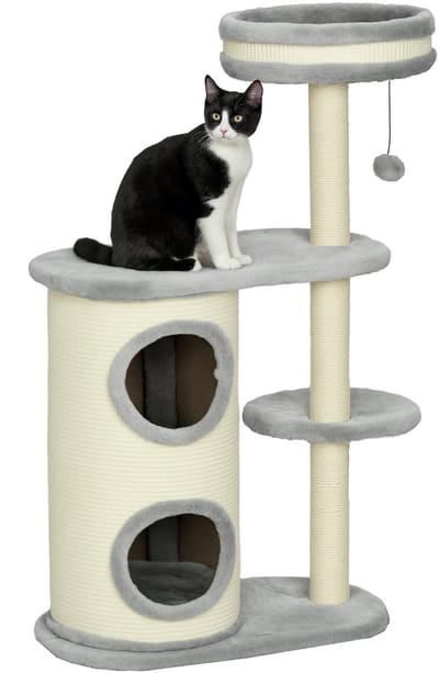 PawHut Kratzbaum, 100 cm, Kletterbaum mit Kratztonne, Katzenkratzbaum, Katzenbaum mit Sisalsäule und Spielball, Katzenmöbel mit Kissen, Plüsch, Grau