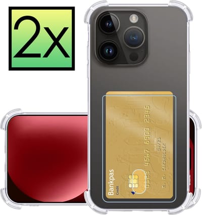 Hoesje - 2 Stuks - Geschikt voor Apple iPhone 15 Pro - Met Pashouder en Kaarthouder - Telefoon Hoes Shockproof - Siliconen Case - Back Cover - Shock Proof - Pasjes Houder - Transparant