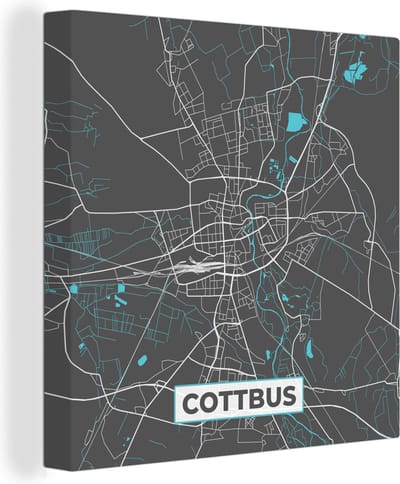 Canvas Schilderij Stadskaart – Kaart – Cottbus – Blauw – Duitsland – Plattegrond - 20x20 cm - Wanddecoratie