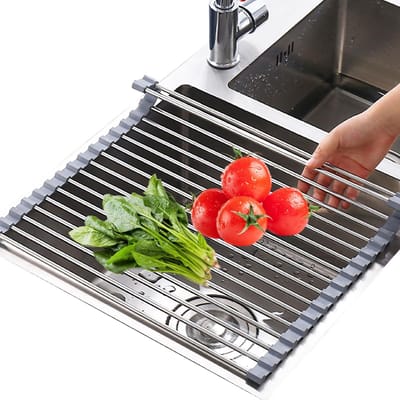 Dailygoods - Afdruiprek voor servies op de gootsteen, afdruiprek voor afdruiprek boven de gootsteen van roestvrij staal, inklapbaar, voor kopjes, fruit, groenten (grijs, 43 x 36 cm)