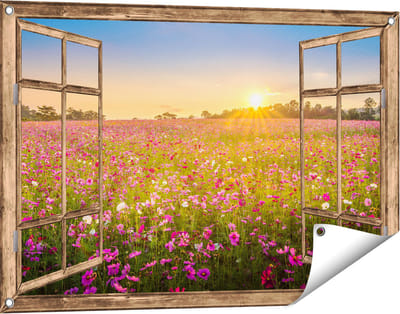 Gards Tuinposter Doorkijk Bloemenveld met Roze Kosmos - 90x60 cm - Tuindoek - Tuindecoratie - Wanddecoratie buiten - Tuinschilderij