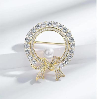 Broche ronde à double cercle et perles pour femme, 1 pièce, accessoire tendance en métal white
