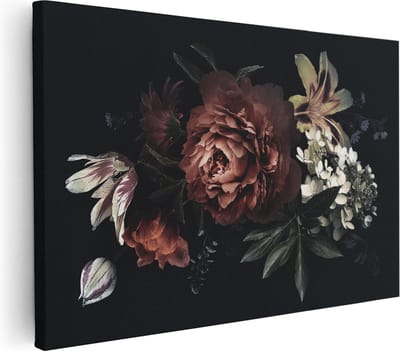 Artaza Canvas Schilderij Stilleven Met Bloemen - 30x20 cm - Klein - Muurdecoratie Boeket - Wanddecoratie Woonkamer - Kamer Accessoires Klassiek