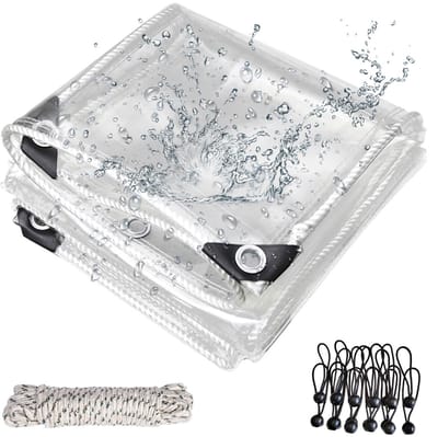OKYUK Transparent Tarpaulin with Eyelets, 420 g/m², PVC Tarpaulin for Outdoor Use with 20 Cable Ties, 12 Elastic Bands - ShopVlot