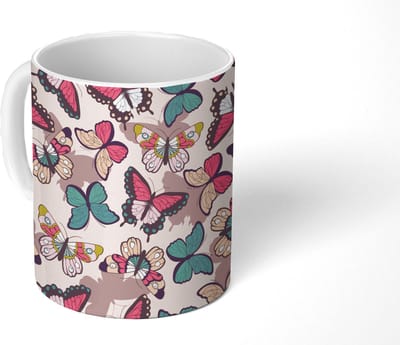Mok - Koffiemok - Vlinder - Roze - Blauw - Design - Mokken - 350 ML - Beker - Koffiemokken - Theemok