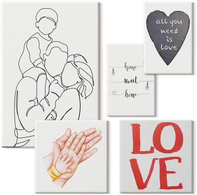Wallfluent Set van canvas schilderijen - Familie, liefde, warmte, thuis, momenten van geluk Canvas Schilderijen Set - Set van 5 Canvas Schilderijen - Wit Set van Canvas Prints - Mensen Canvas Kunst Set - Boheemse Canvas Kunst Set