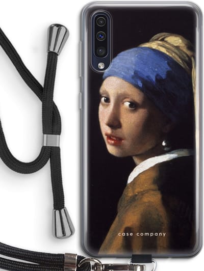 Hoesje met koord geschikt voor Samsung Galaxy A50 hoesje met Koord - The Pearl Earring - Telefoonhoesje met Zwart Koord - Bescherming aan alle Kanten en Over de Schermrand