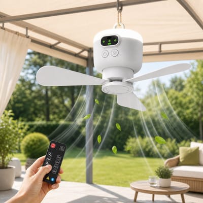 MUPOO Oplaadbare Camping Plafondventilator met LED verlichting - 8000mAh Accu - Afstandsbediening, 4 Standen & Timer - Stille DC Motor, Type-C & Ø27cm - Voor Tent, Caravan, Camper, Overkapping, Veranda & Buiten