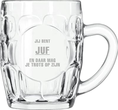 Gegraveerde Bierpul 55cl Jij bent Juf en daar mag je trots op zijn