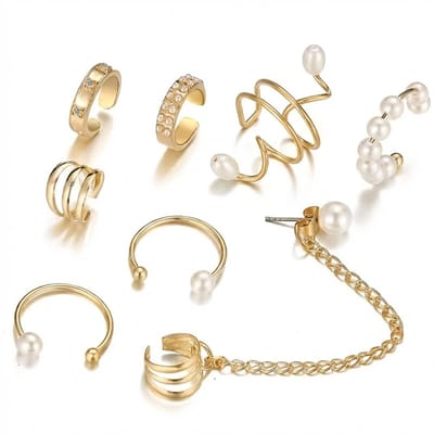 8 delige set Goudkleurige ear cuff stijl oorbellen set voor dames – meeste zonder gaatjes – mix van designs met parel details