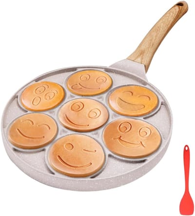 Pannenkoekenpan Smiley - Koekenpan 7 gaten - Ontbijt Maken - Antiaanbaklaag - 26 cm - Wit