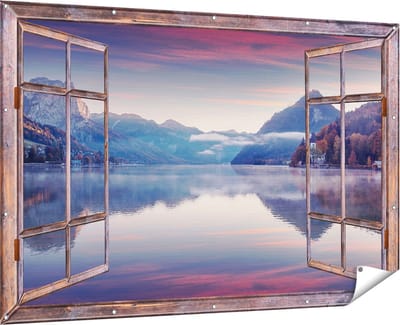 Gards Tuinposter Doorkijk Meer in de Bergen - 180x120 cm - Tuindoek - Tuindecoratie - Wanddecoratie buiten - Tuinschilderij