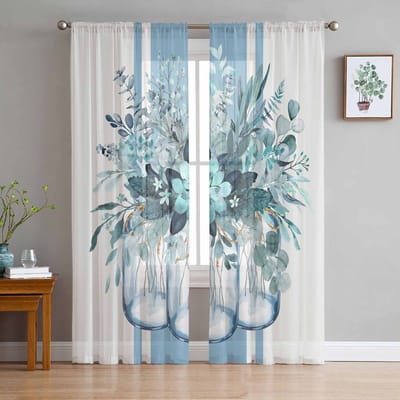 Lente Zomer Eucalyptus Bladeren Strepen Blauwgroen Tule Raamgordijnen voor Slaapkamer Luxe Gordijnen in Woonkamer Chiffon Panelen 135W x 114H(cm) gray