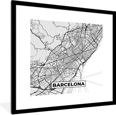 Fotolijst incl. Poster Zwart Wit- Barcelona - Stadskaart - Plattegrond - Zwart Wit - Kaart - 40x40 cm - Posterlijst