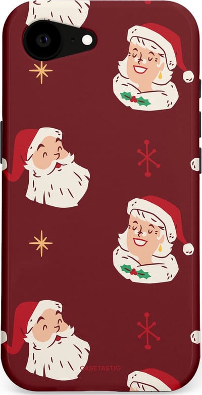 Casetastic hoesje geschikt voor Apple iPhone 16e / Apple iPhone 17e - MagSafe - Dubbellaagse bescherming - Mr. & Ms. Santa - Kerst - Fashion Case - Bordeaux Lichtgrijs Taupe