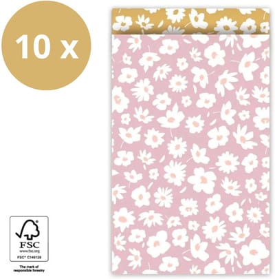 10 x Roze Inpakzakjes Goud - Bloemen - Cadeauzakjes - Traktatie - 12 x 19 cm