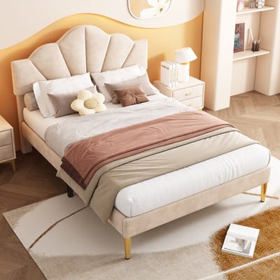 Gutent Tweepersoonsbed (Zonder matras), 140*190 cm, Schelpbed, Verstelbaar hoofdeinde, Beige
