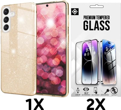 Casemania Hoesje + Glas Geschikt voor Samsung Galaxy A26 - Goud - Glitter Back Cover - 2x Glazen Screenprotector