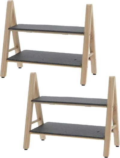Set van 2x stuks leisteen en bamboe dubbel laags serveerplank voor voedsel 32 x 17 x 26 cm. Hapjes serveren op de eettafel