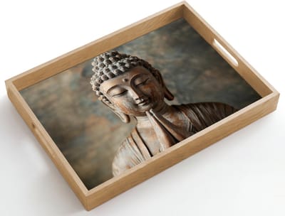 Dienblad hout 50x35 cm - Schootdienblad - Boedha - Beeld - Bruin - Rust - Borrelplank rechthoek - Plateau dienbladen