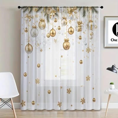 2 stuks Premium Kerst Pijnboom & Bal Patroon Gordijn - Tunnelontwerp Semi-Transparante Gordijnen voor Woonkamer, Keuken Vakantie Decor 2x50W130H(CM)40x51in&Grommet Top