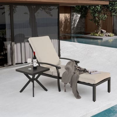 BLACKCOLORS Tuinligstoel met katoenen kussen, verstelbare ligstoel voor bij het zwembad van roestvrij aluminium, waterdicht beige kussen (1 stuk)