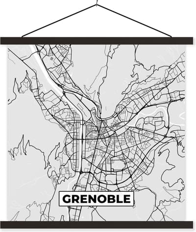 Posterhanger incl. Poster 60x60 cm - Schoolplaat - Frankrijk - Grenoble - Stadskaart - Plattegrond - Kaart - Textielposter - Zwarte latten - Stadskaart