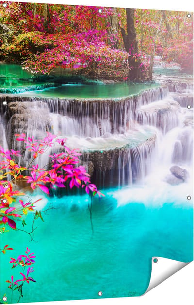 Gards Tuinposter Waterval in de Herfst met Kleurrijke Bloemen - 90x120 cm - Tuindoek - Tuindecoratie - Wanddecoratie buiten - Tuinschilderij