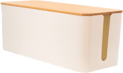 Intirilife Kabelbox met bamboe deksel in Wit - 32 x 12.5 x 13.5 cm - Kabelbeheerbox, organizer om kabels en stekkerdozen te verbergen
