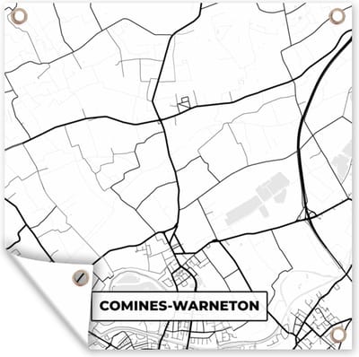 Tuin poster Zwart Wit – België – Plattegrond – Stadskaart – Kaart – Comines Warneton - 200x200 cm - Tuindoek